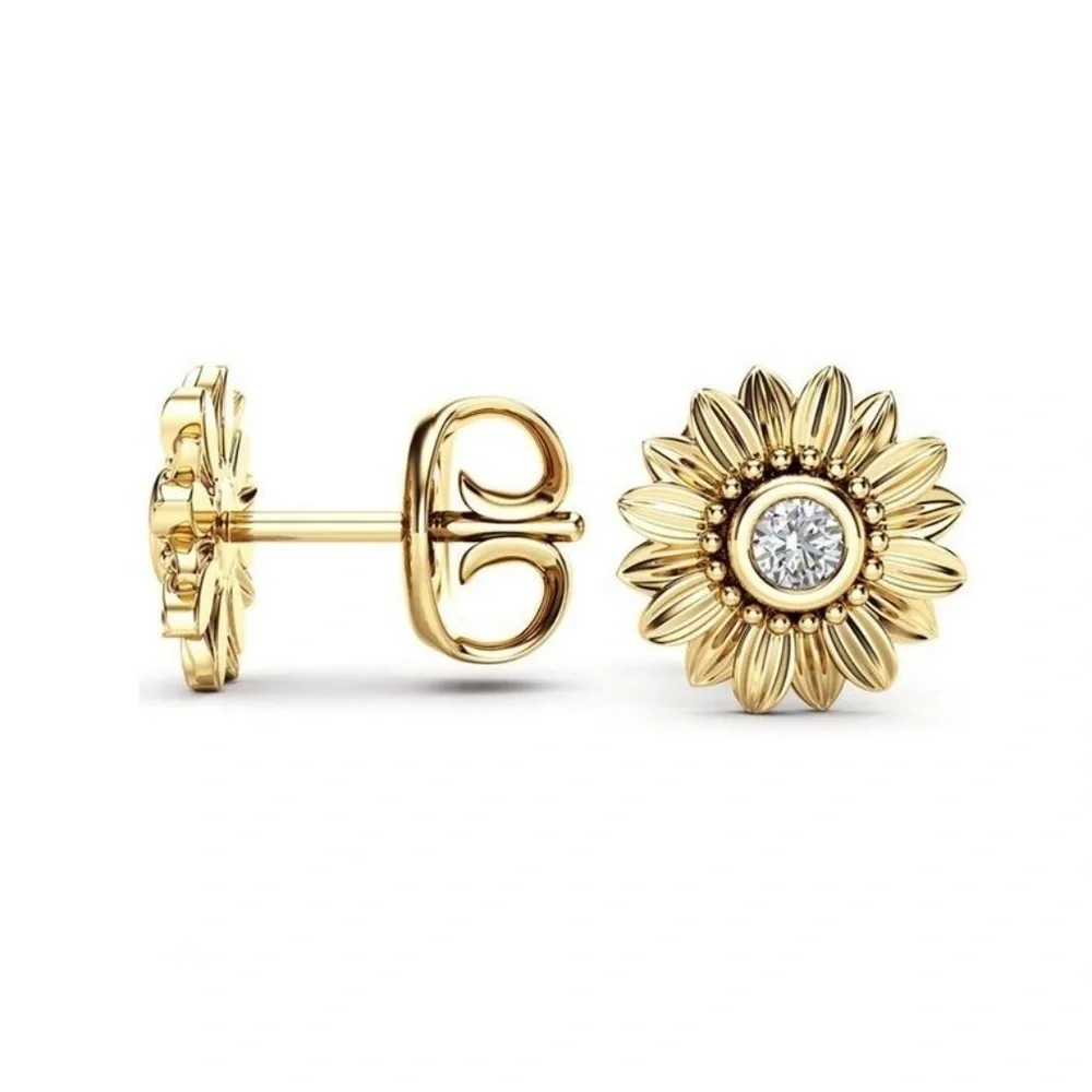 18K Yellow Gold Diamond Sunflower Stud Earrings - Picture 2 of 3